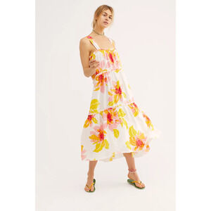 Free People Moonshine Midi Dress Linen Floral Womens Size XS Boho Peasant Ruffle